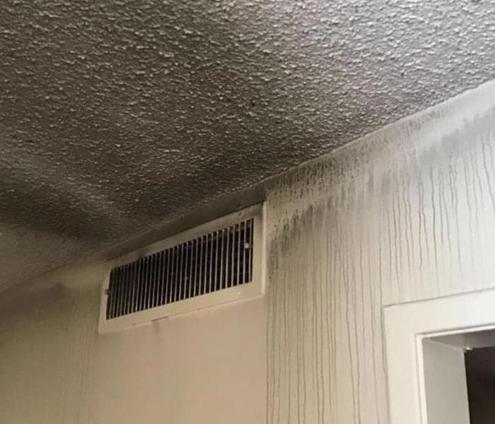 Fire and water damage to a ceiling is shown 
